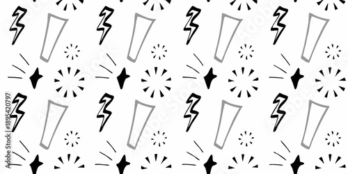 Black and white pattern of lightning bolts and starburst shapes