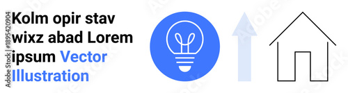 Innovation, problem-solving, home improvement, progress, sustainable design, creativity. A glowing lightbulb, an upward arrow and a house outline. Innovation and progress concepts
