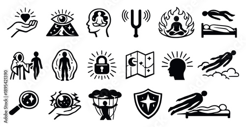 Astral Projection Techniques in outline style: intention setting, visualization symbol, mental focus icon, energy tuning fork, protection circle, lucid dream. Vector icons