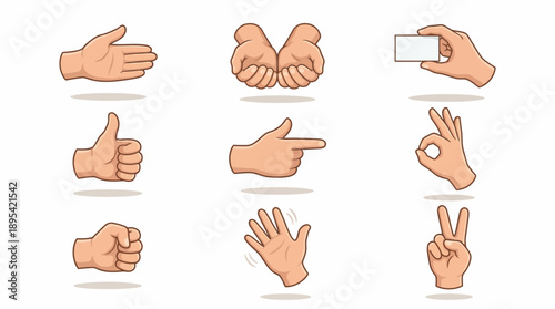 Hand Gesture Cartoon Vector Set – 9 Expressive Icons Featuring Thumbs Up, Peace Sign, OK, Pointing, Waving, and Holding for Communication and Design Use