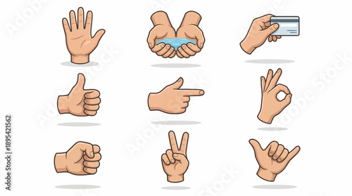 Hand Gesture Cartoon Vector Set – 9 Expressive Icons Featuring Thumbs Up, Peace Sign, OK, Pointing, Waving, and Holding for Communication and Design Use