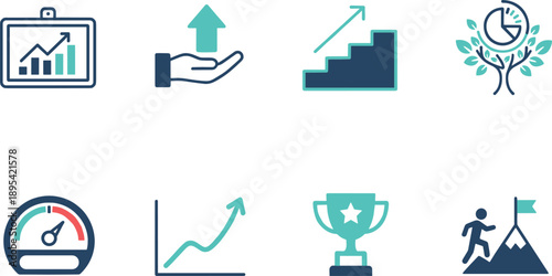 Business success progress icon set with growth charts trophy goal and productivity symbols for corporate illustration design