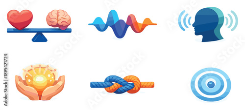 Emotional inner dialogue set of icons in flat isometric style: heart-mind balance, mood waveform, self-talk echo lines, compassion glow, conflict resolution. Vector icons