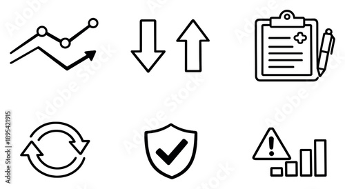 Monitoring and follow-up assessment in outline style: symptom trend lines, status change arrows, clinician review clipboard, reassessment cycle loop, stability. Vector icons