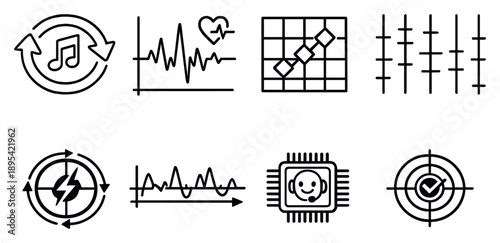 Digital Sync and Analysis in outline style: automatic sync button, BPM detection graph, beat analysis grid, quantization snap lines, phase sync indicator, tempo. Vector icons