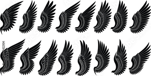 Set of black wing silhouette vector illustrations featuring majestic feathers and angelic designs in various styles isolated on white background