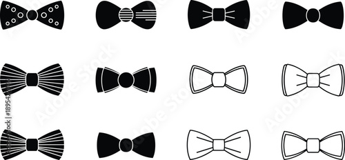 Set of black bow tie silhouette vector illustrations featuring various formal neckwear styles and patterned designs isolated on white background