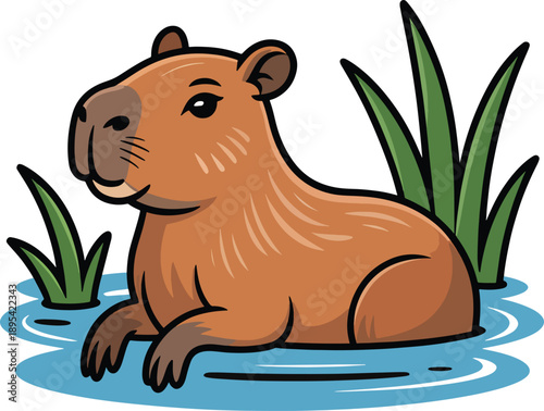 Cute Capybara Cartoon Vector Illustration Sitting in Water with Grass, Flat Animal Mascot Design for Kids, Stickers, Logos, Nature Wildlife Art.