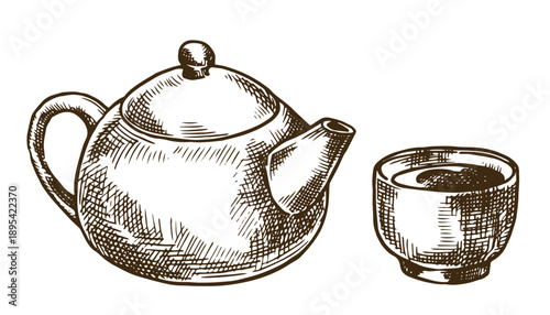 Ceramic teapot. Sketch style vector illustration. Tea ceremony.