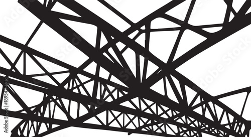 Geometric steel structure with intersecting beams and girders overhead