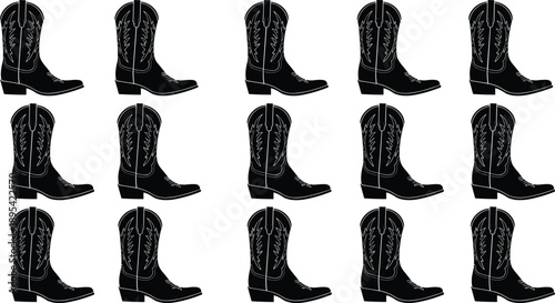 Set of black cowboy boot silhouette vector illustrations featuring classic western leather footwear designs with decorative stitching isolated on white background