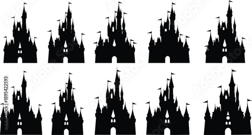 Set of black fairy tale castle silhouette vector illustrations featuring magical fortress towers with flags isolated on white background