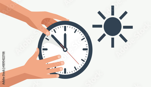Hands adjusting wall clock forward for daylight saving time change with sun icon
