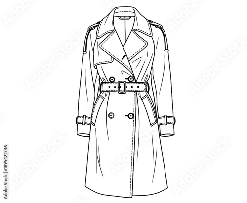 Line drawing of a classic trench coat with wide lapels, double-breasted buttons, and a belted waist. The coat exudes a timeless, elegant feel.
