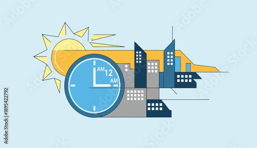 City skyline and sun with clock showing midnight or noon time