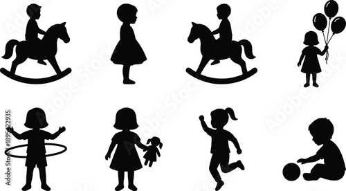 Set of children silhouettes playing with toys including rocking horse balloons hula hoop and doll for nursery and childhood designs