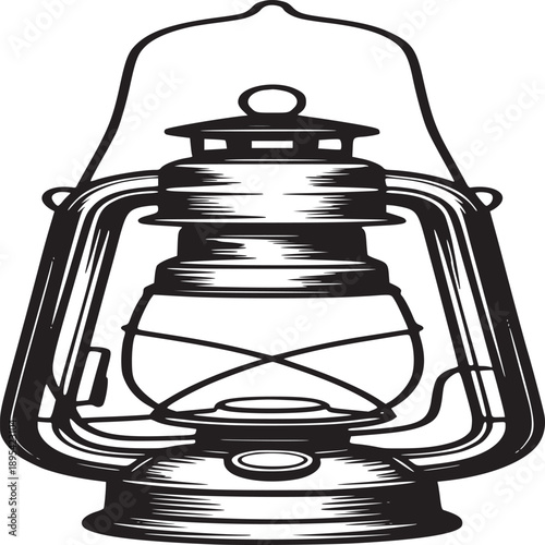 Illustration of a vintage kerosene lamp with a handle and a glass enclosure in black and white style
