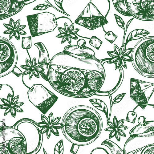 Seamless pattern with tea, teapot, and fruits. Vector vintage print in sketch style.