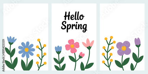 Hello spring greeting card template with colorful flowers