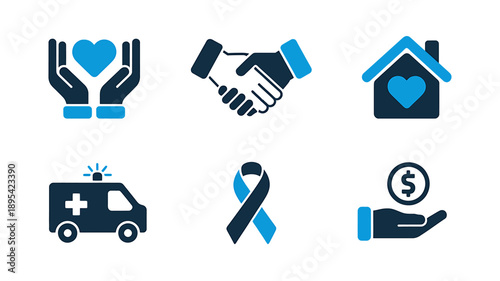 Set of blue and black medical and charity icons on white background