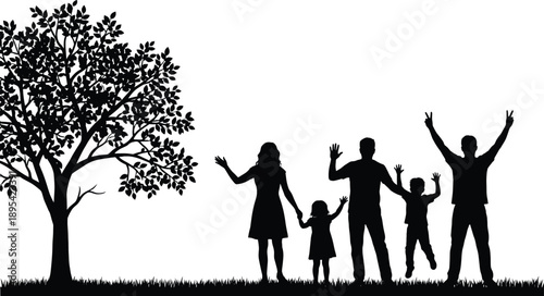 Silhouette of Boy on Swing and Girl Reading Book Under Large Leafy Tree in Park for Childhood Education Summer Leisure