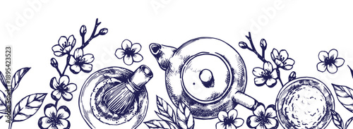 seamless border with matcha tea. vector vintage frame in sketch style.