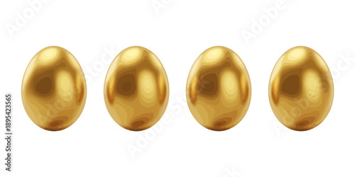 Four shiny golden eggs in a horizontal row on white