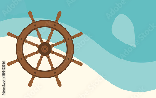 Brown wooden ship steering wheel on sandy beach with blue waves