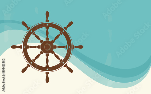 Brown ship helm wheel on blue and beige wave background nautical symbol