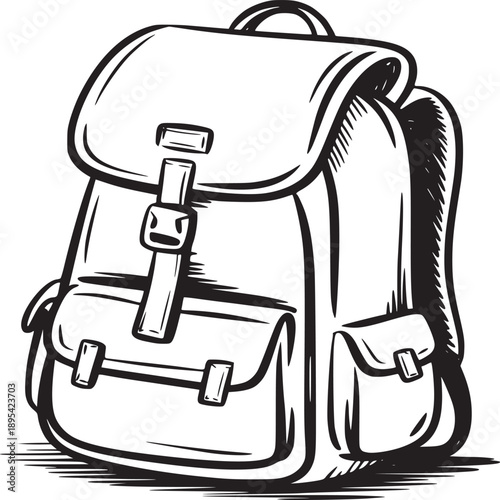 Illustration of a vintage style backpack with flap closure and multiple pockets in black and white