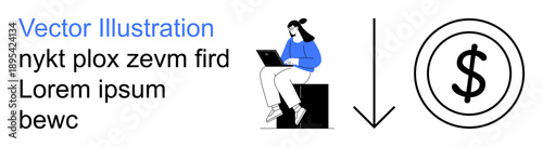 Freelance work, financial challenges, income reduction, work from home, digital economy, budget management. Woman using a laptop, dollar sign with downward arrow. Freelance work and financial