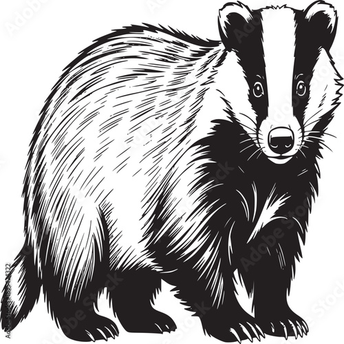 Illustration of a badger standing with black and white fur on a white background looking forward