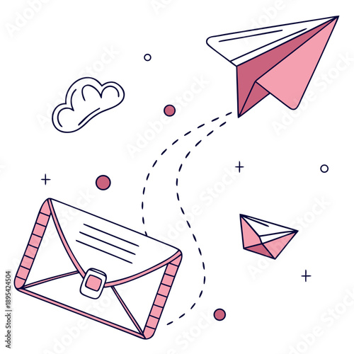 minimalist line art style, paper plane icons, geometric abstract shapes, bold vibrant colors, gradient tones, flat design elements
