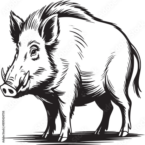 Illustration of a wild boar standing in profile with detailed line work on a white background