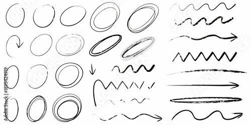 Collection of hand drawn lines circles and wave shapes in black ink
