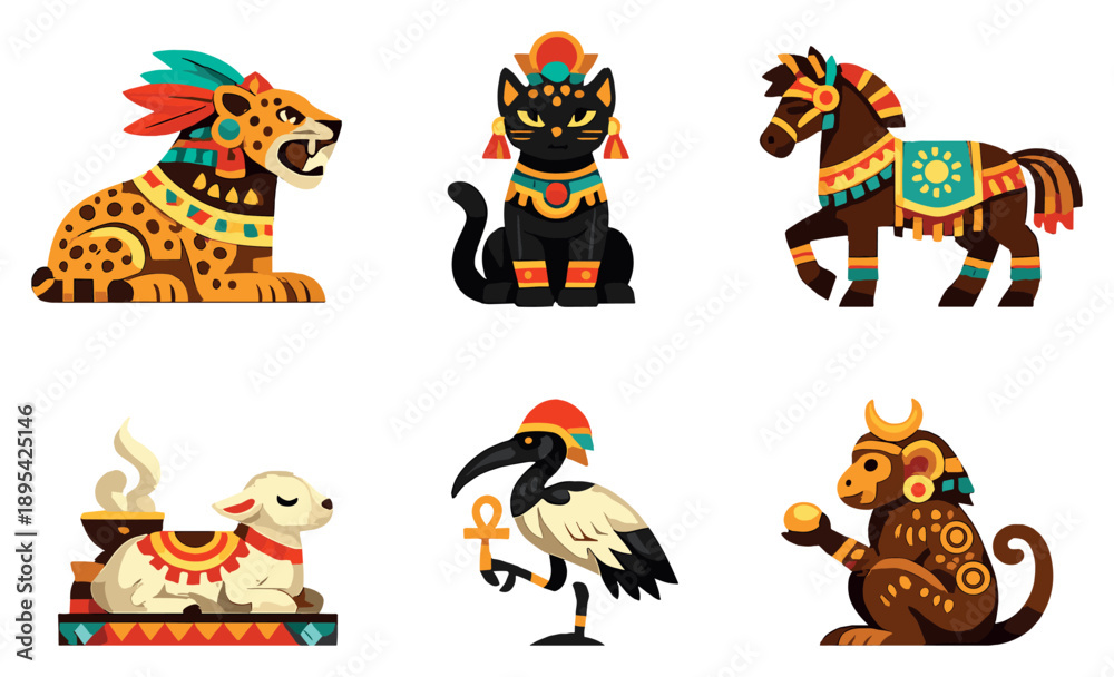 Naklejka premium Ancient ritual animals in flat style: ceremonial jaguar, temple cat figure, ritual horse, offering lamb, sacred ibis bird, symbolic monkey icon. Vector icons