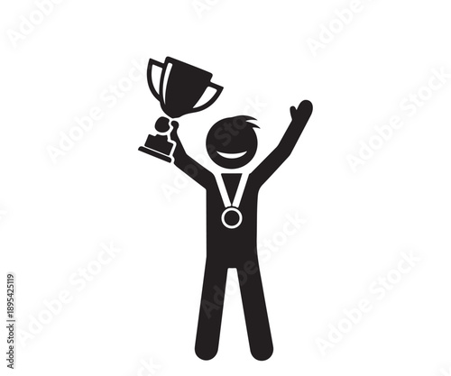 A cartoon character triumphantly holding a trophy and wearing a medal
