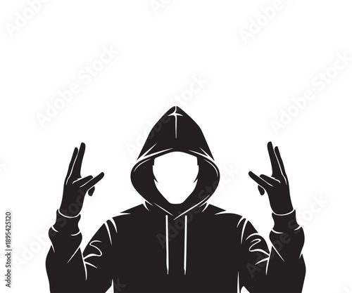 Silhouette of a hooded figure making a gesture