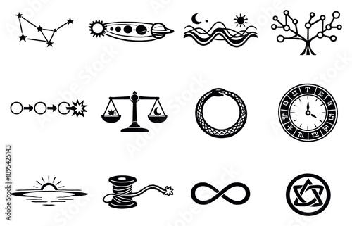 Cosmic fate and destiny in outline style: constellation lines, planetary alignment, universal rhythm waves, timeline arc, multiverse branches, cause effect. Vector icons