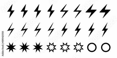 Arrangement of black lightning bolts and various black symbols on white