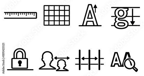 Ascender Descender Toolkit in outline style: measurement ruler, vertical grid, ascender indicator, descender indicator, baseline lock, proportion check, spacing. Vector icons