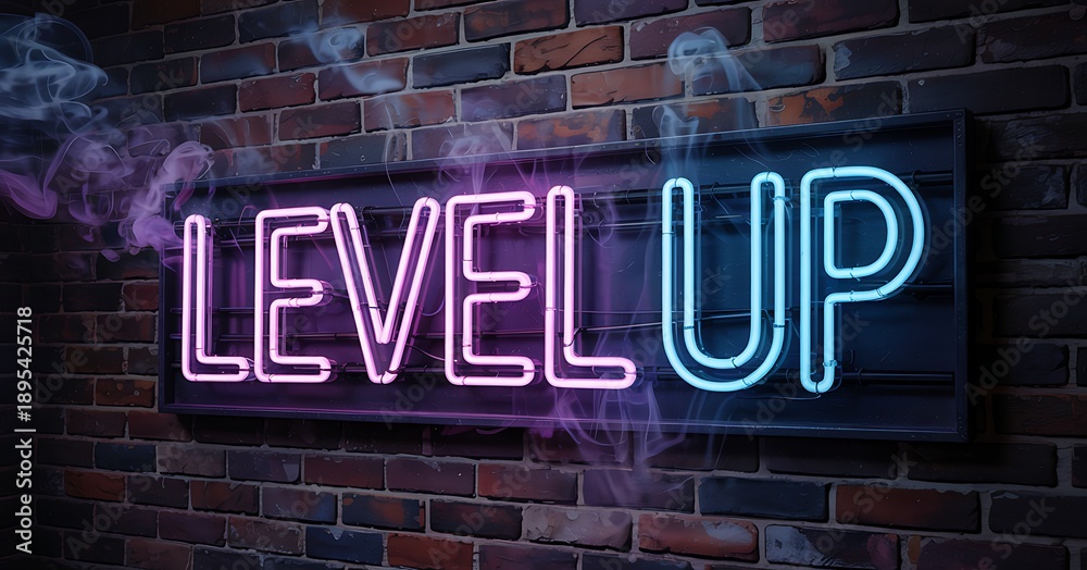 Obraz premium Neon Level Up Sign on Brick Wall with Smoke and Vibrant Colors