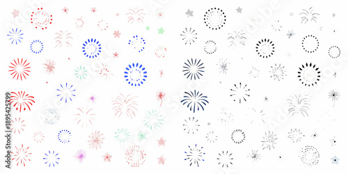 Colorful firework displays in red blue purple and white patterns