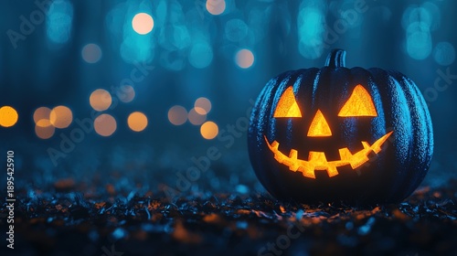 A glowing jack-o'-lantern sits on a dark, leafy ground, illuminated by a mysterious blue light, creating an eerie Halloween atmosphere.