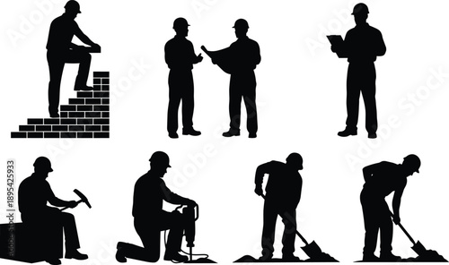 Black silhouettes of construction workers performing various tasks on white background
