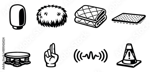 Environmental Sound Control in outline style: foam windscreen, fur windjammer, acoustic blanket, floor noise mat, vibration isolator, silence cue hand, ambient. Vector icons