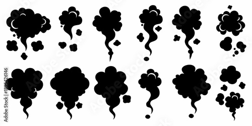 Collection of black smoke puffs and cloud like shapes against a white background