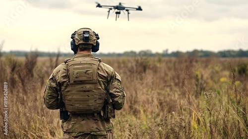 Back view of an army operator in full combat gear controlling a quadcopter drone for a reconnaissance mission in a field. Utilizing modern warfare technology for aerial surveillance and intelligence
