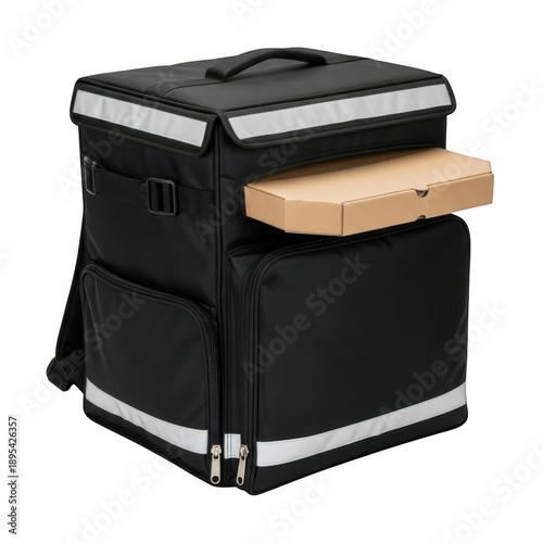 Insulated delivery bag with pizza box isolated on transparent background