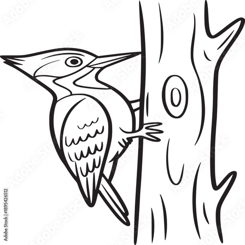 Illustration of a woodpecker clinging to a tree trunk with a hole in black and white outline style